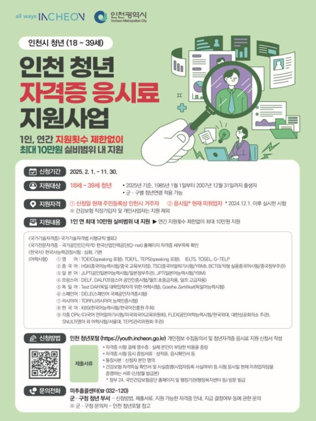 인천시, 미취업 청년에 자격증 응시료 최대 10만 원 지원